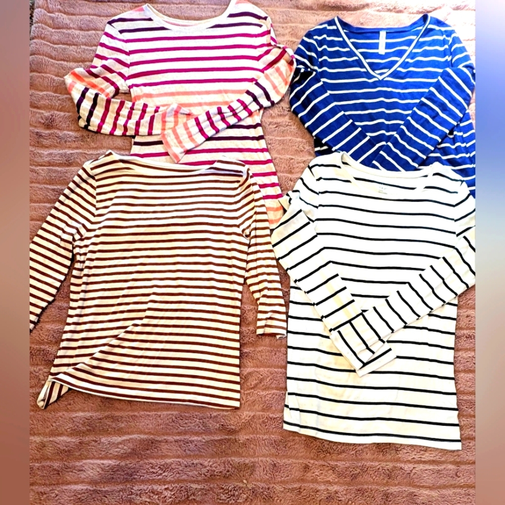 4 Womens Striped Shirts. 3 Large And 1 Oversized Med For $15